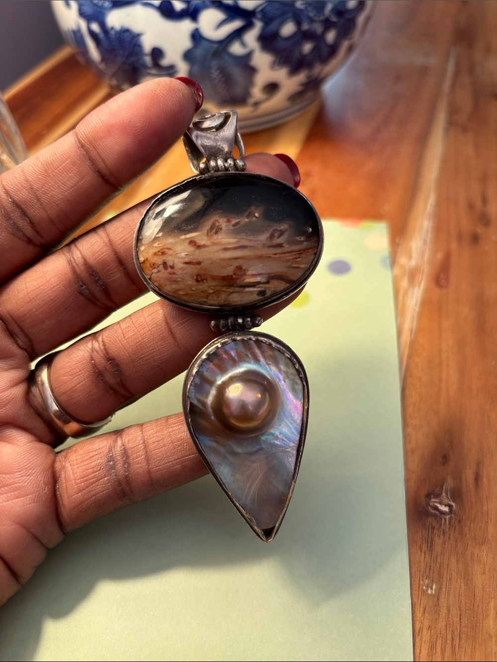Vintage Agate & Pearl Sterling Pendant!